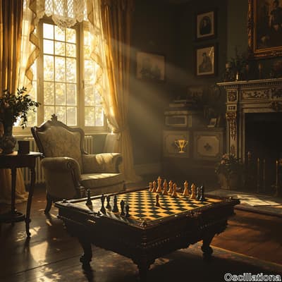 An elegant room bathed in warm light, showcasing a classic chess set on an ornate wooden table, mid-game.