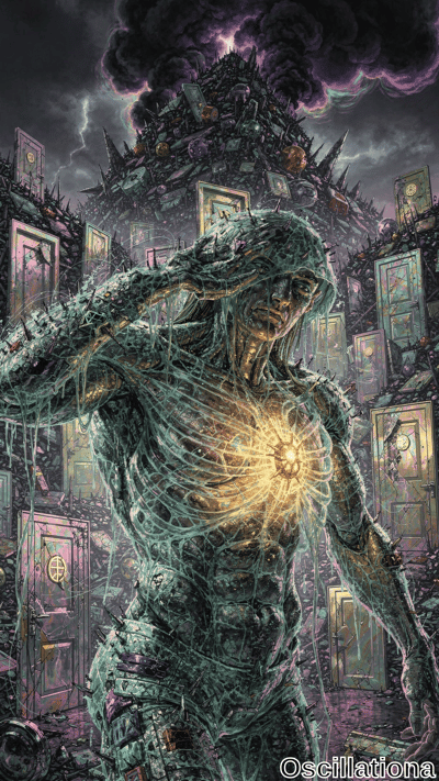 A surreal scene with a skeletal humanoid figure covered in webs, saluting solemnly
