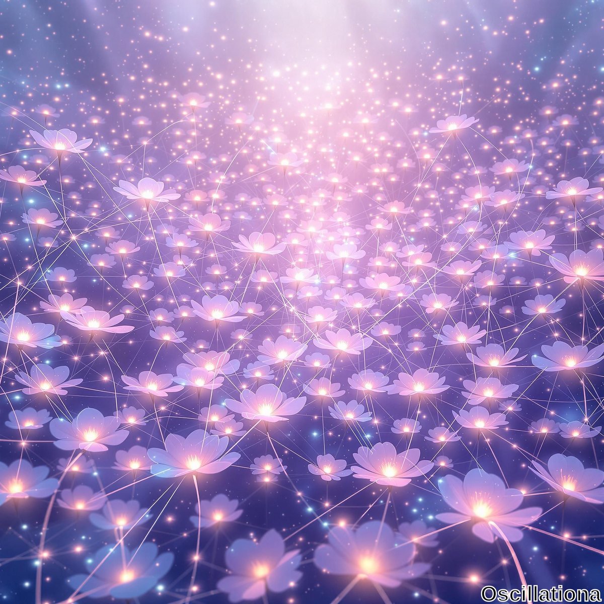 A dreamy landscape filled with delicate pale pink and white flowers, each with a glowing center, set against a gradient background transitioning from deep purple to soft lavender, creating a serene ambiance.