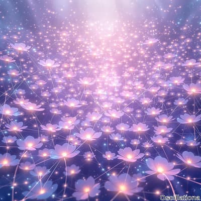A dreamy landscape filled with delicate pale pink and white flowers, each with a glowing center, set against a gradient background transitioning from deep purple to soft lavender, creating a serene ambiance.