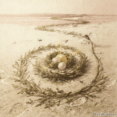 Surreal sepia gold illustration of bird nest on beach with speckled eggs and golden egg in gilded seaweed spiral with insects near distant dunes. 
.
