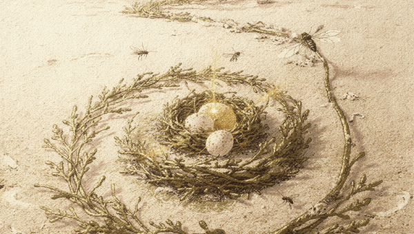Surreal sepia gold illustration of bird nest on beach with speckled eggs and golden egg in gilded seaweed spiral with insects near distant dunes. 
.