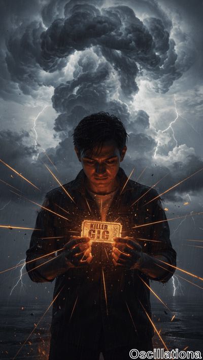 A stern man grips a luminous KILLER 616 sign as lightning forks across dark storm clouds and orange sparks erupt around him over a brooding seascape.