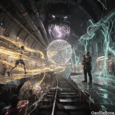 A young person races towards a glowing orb with golden energy trails in an industrial tunnel, while an adult holds a child emitting blue electric energy on the right