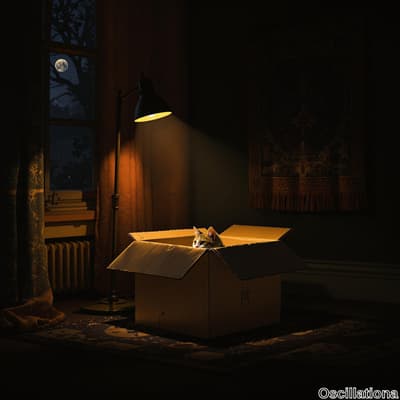 A dimly lit room at night with a single floor lamp casting warm light on a cardboard box.