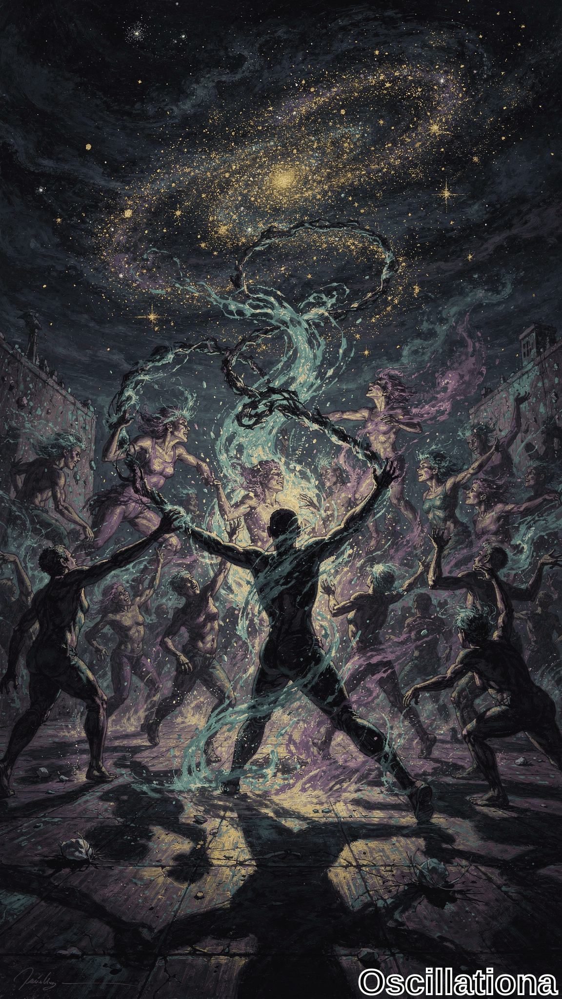 A muscular, shadowy figure stands at the center, backlit and holding a glowing chain that extends into a swirling vortex of stars and cosmic energy