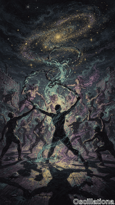 A muscular, shadowy figure stands at the center, backlit and holding a glowing chain that extends into a swirling vortex of stars and cosmic energy