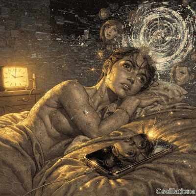 Woman with cracked glowing skin in bed at night with dread, alarm clock near midnight, smartphone with face and wires under cosmic ceiling with equations binary faces swirling vortex golden sparks. 
 (This alt tag is 149 characters.)