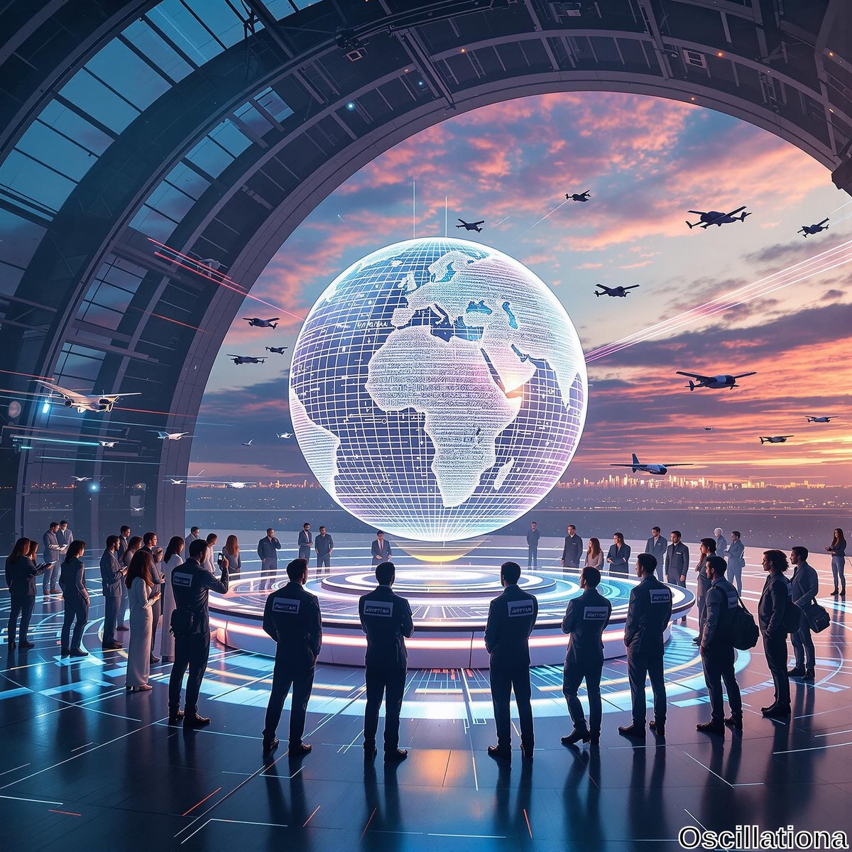 A futuristic scene with a group of suited people in a circular formation around a holographic globe displaying a digital Earth map, surrounded by glowing lines.