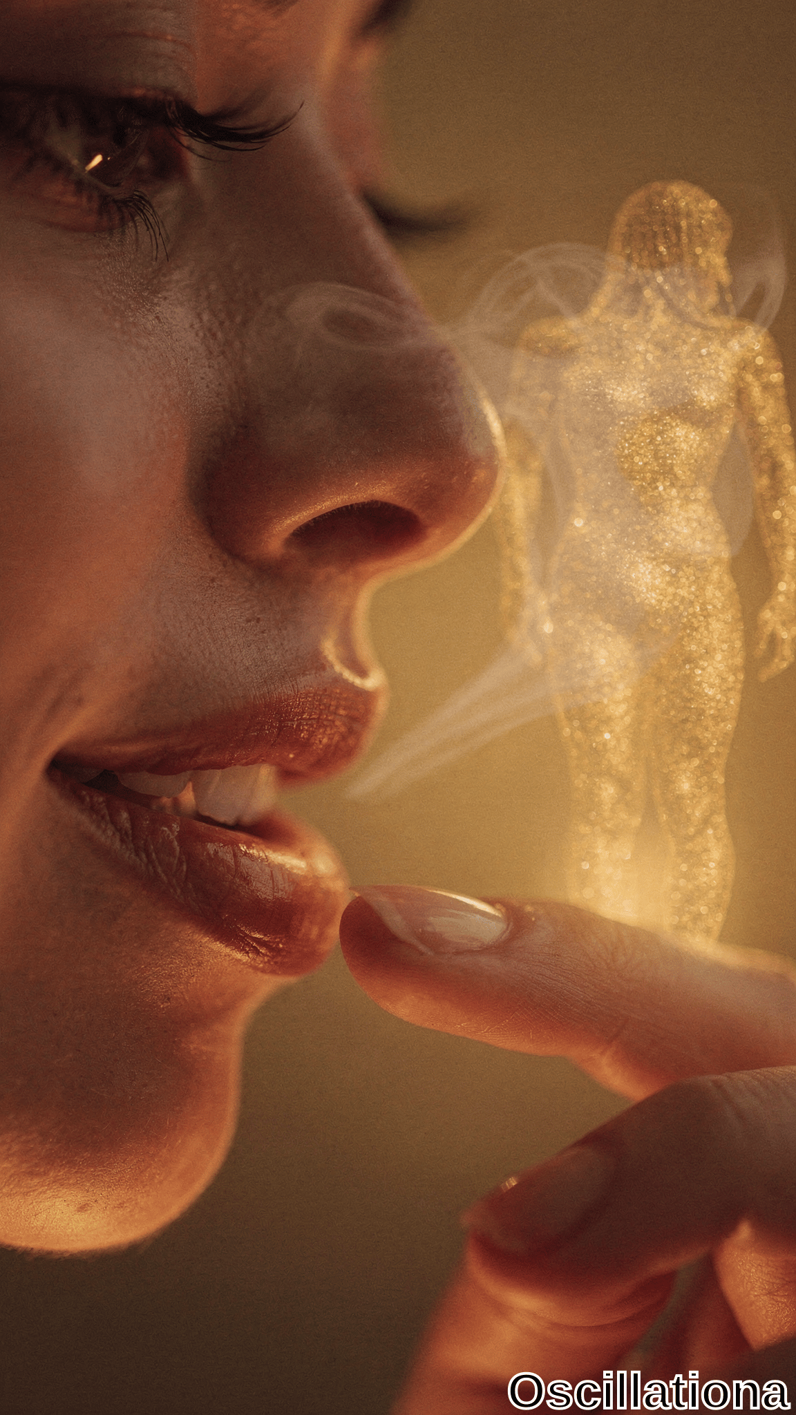 A close-up of a person's face with smoke or vapor being exhaled, forming a cloud around the mouth and nose