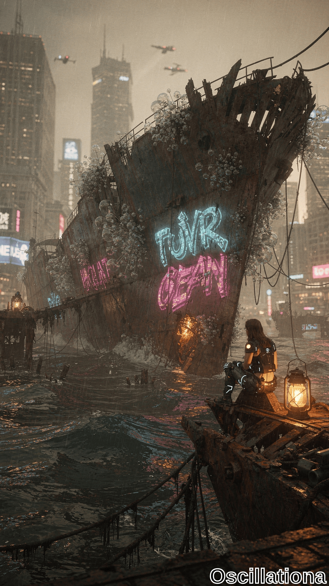 Cyberpunk woman in neon-blue accented black bodysuit sits pensively on flooded skiff holding glowing yellow lantern amid rippling teal waters, near barnacle shipwreck with cyan graffiti, red drones over rainy neon skyscrapers
