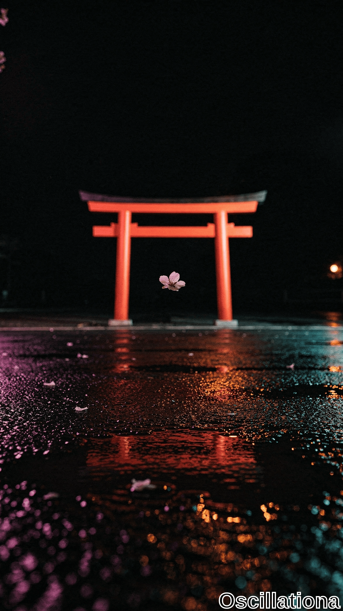Nighttime low-angle vibrant red torii gate against black sky, floating pink petal, rain-slicked pavement with neon bokeh reflections, scattered petals.