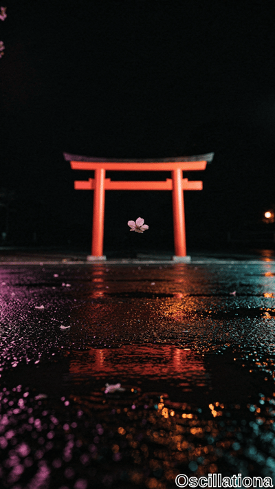 Nighttime low-angle vibrant red torii gate against black sky, floating pink petal, rain-slicked pavement with neon bokeh reflections, scattered petals.
