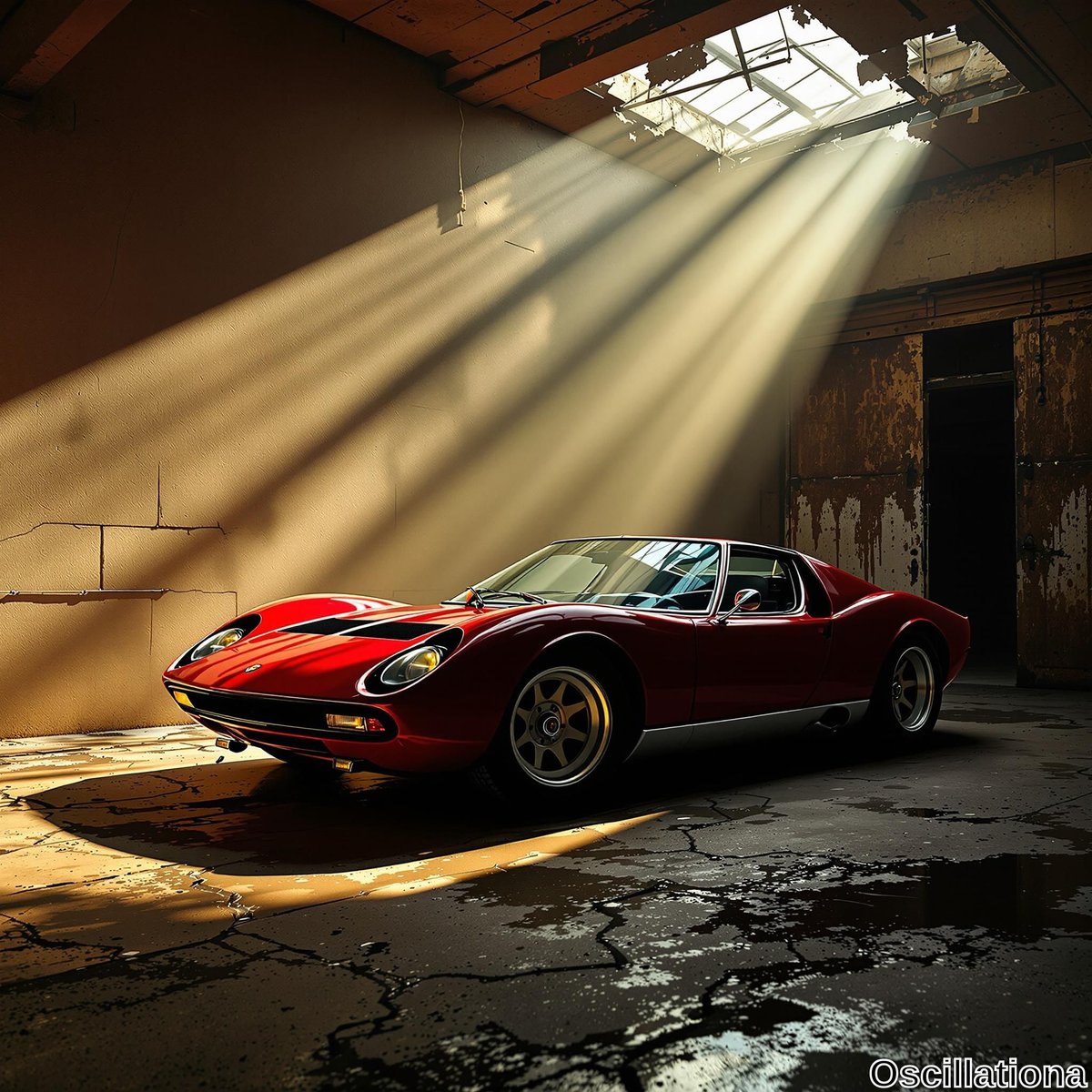 A vintage red sports car with sleek lines and polished silver wheels is parked inside a dilapidated industrial building.