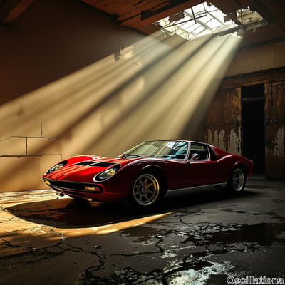 A vintage red sports car with sleek lines and polished silver wheels is parked inside a dilapidated industrial building.