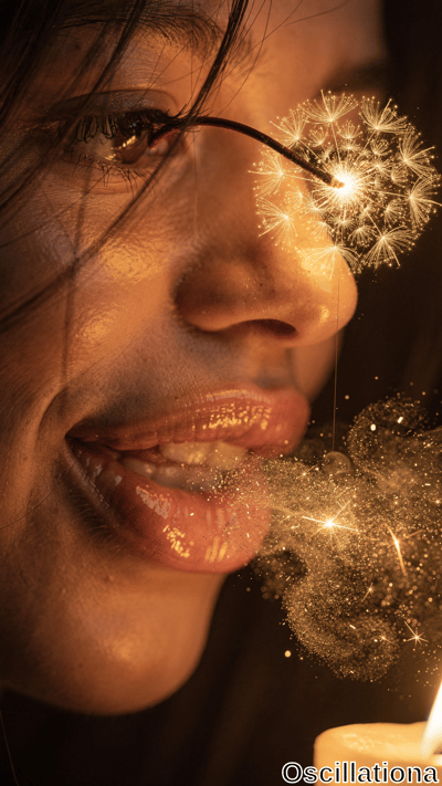 A close-up of a person's face with dark hair, smiling, as a glowing dandelion seed head near their nose casts a warm, golden light on their skin, highlighting the texture and glossiness of their lips