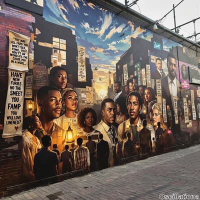 A vibrant mural on a brick building depicts a diverse group of African American men and women in realistic style, their faces showing varied expressions.