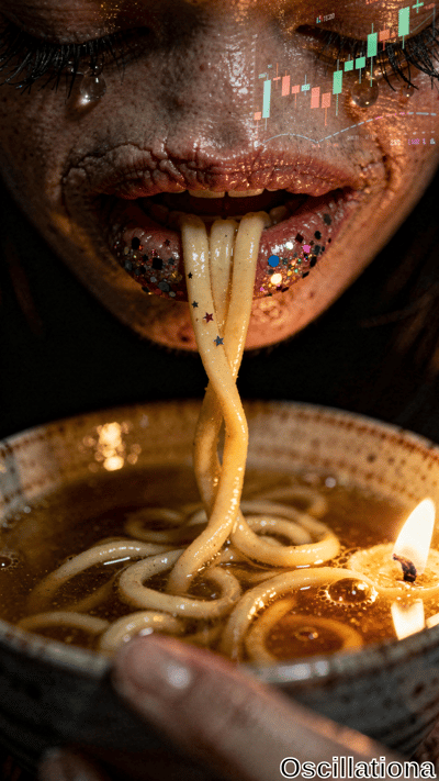 Close-up of a woman's glitter-covered lips slurping noodles from a steaming bowl with a lit candle, overlaid by a green stock chart, set against warm dramatic lighting with visible tears.