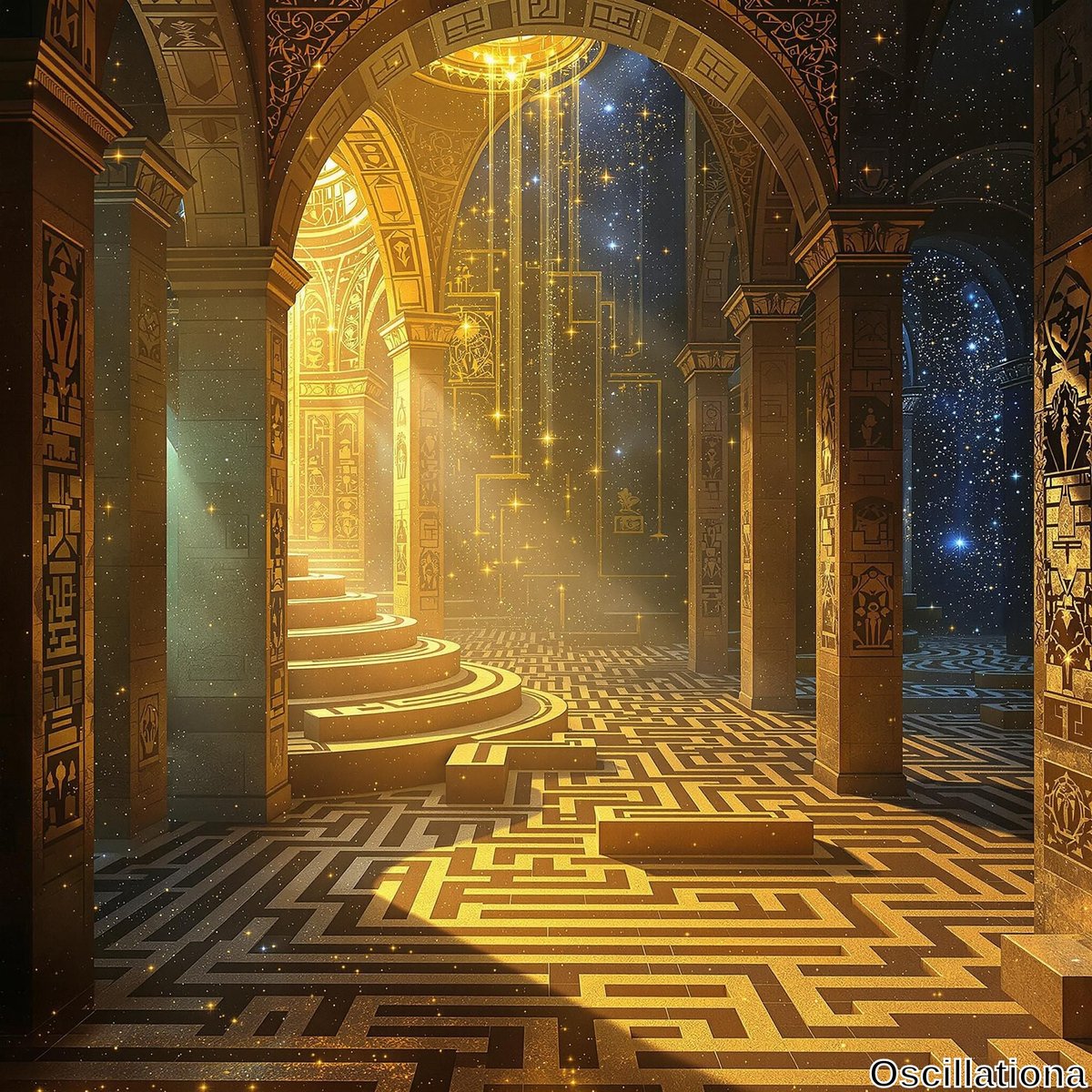 An elaborate, fantastical interior with ancient Egyptian or Middle Eastern architectural influences, featuring grand arches and columns adorned with intricate carvings and hieroglyphic-like designs.
