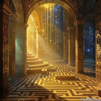 An elaborate, fantastical interior with ancient Egyptian or Middle Eastern architectural influences, featuring grand arches and columns adorned with intricate carvings and hieroglyphic-like designs.