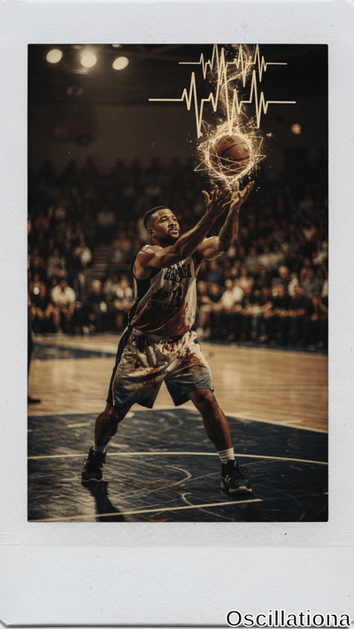 Dramatic Polaroid-framed basketball action: muscular Black player in sweat-stained Barker 13 jersey leaps mid-jump shot, gripping glowing orange ball with golden sparkles, electric bursts, plasma waves. ECG overlays arch top, lit
