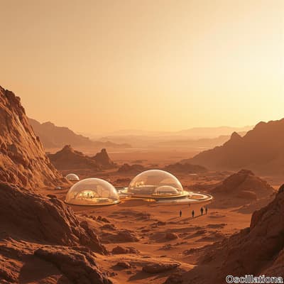 A futuristic Mars-like landscape with several transparent dome-shaped habitats scattered across a rocky, red-orange terrain.