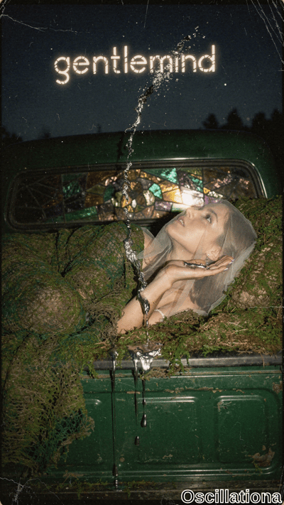 Surreal vintage photo with degraded vignette border: pale blonde woman reclines nude in mossy olive-green truck bed, draped in sheer white veil, silvery liquid dripping; shattered stained-glass window glows jewel tones amid starry pines,