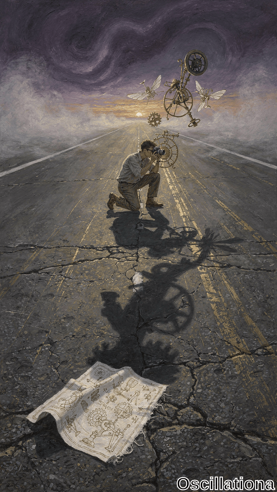 Surreal steampunk painting of a lone man kneeling on cracked gray asphalt highway at sunset, peering through brass-geared antique camera, shadow with mechanical wheels and wings. Clockwork insects hover in purple storm clouds with orange rays