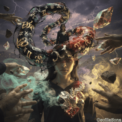 A surreal scene with a central figure wearing an intricate headdress of serpentine forms and alchemical symbols in gold, black, red, and blue