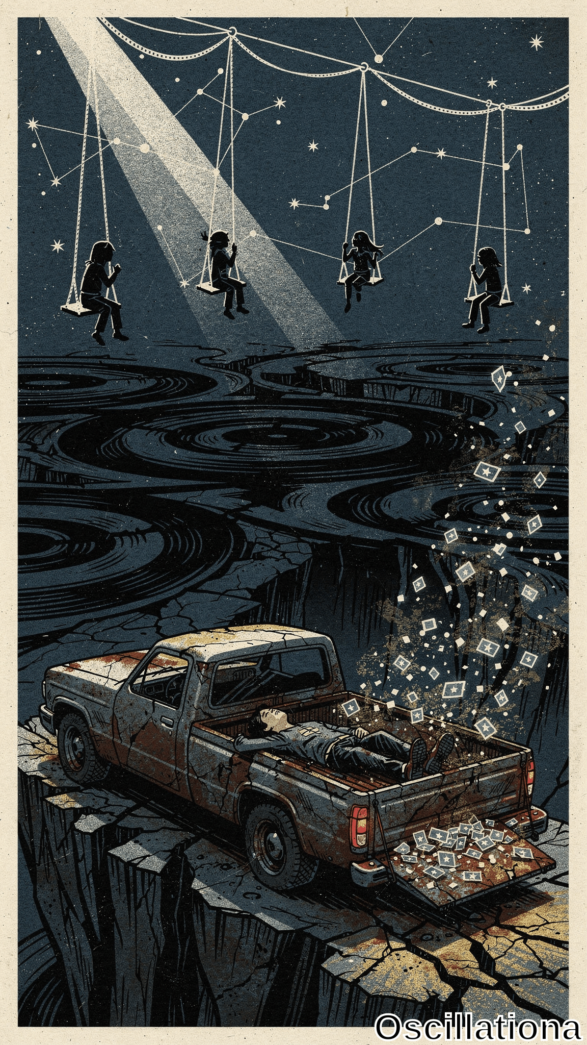 Surreal linocut poster: starry chains suspend silhouetted girls on swings under spotlights; rippling black abyss with floating stars; rusty truck on cliff overflowing star treasures, dead man legs dangling amid pile.