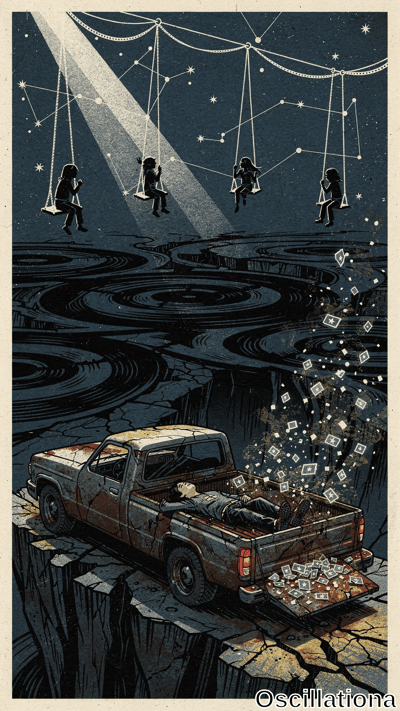 Surreal linocut poster: starry chains suspend silhouetted girls on swings under spotlights; rippling black abyss with floating stars; rusty truck on cliff overflowing star treasures, dead man legs dangling amid pile.