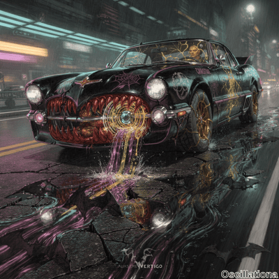 A surreal night-time urban scene with a black vintage car featuring spiderweb patterns and glowing yellow lines